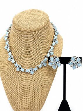 VINTAGE THERMOSET NECKLACE Blue Floral AB Rhinestone Clip Earrings Demi Parure